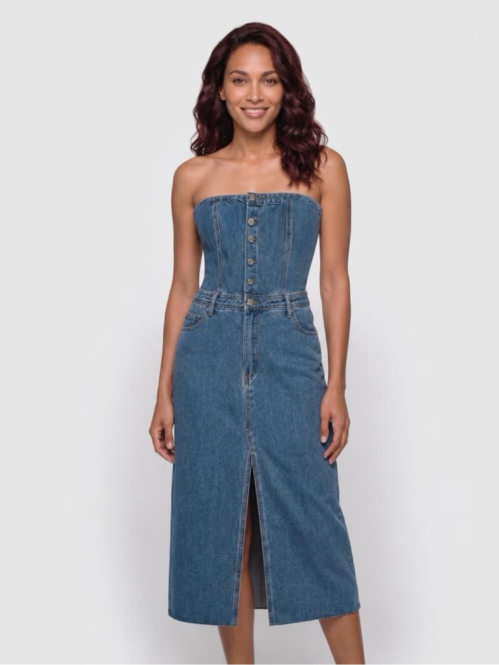 Sincerely Jules Strapless Denim Maxi Dress in Medium Blue